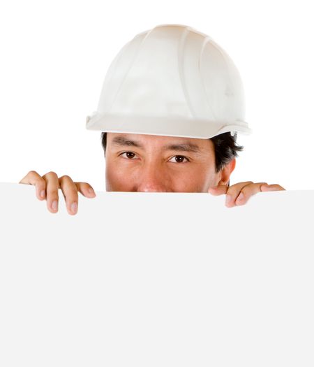 Male engineer with a banner isolated over a white background