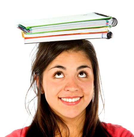 Woman with notebooks on her head isolated over a white background