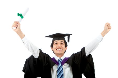 Excited graduated man isolated over a white background