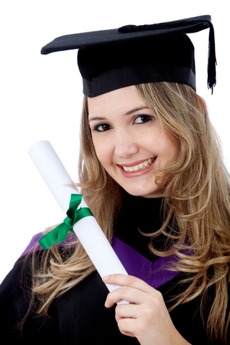Happy graduated woman portrait with the diploma isolated on white