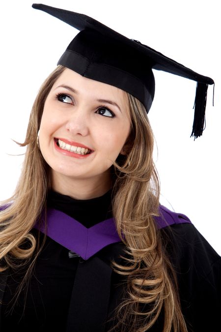 Happy graduated woman portrait isolated on white