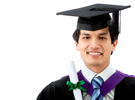 Male graduate portrait smiling and showing his diploma