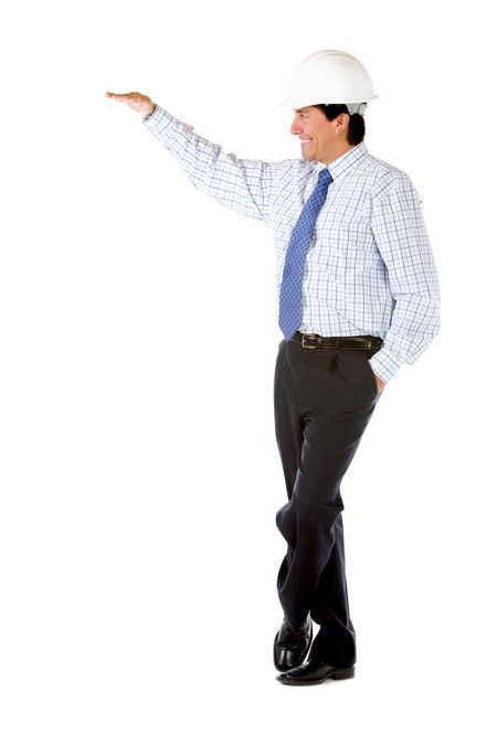 Engineer leaning on an imaginary object isolated over a white background