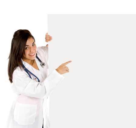 Female doctor with a banner isolated over a white background