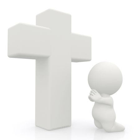3D man on his knees praying next to the Cross - isolated over a white background