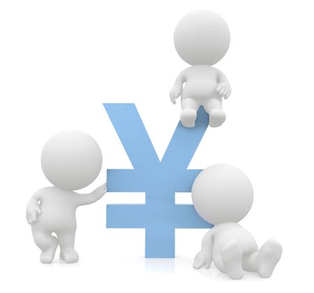 3D men around a yen sign isolated over a white background