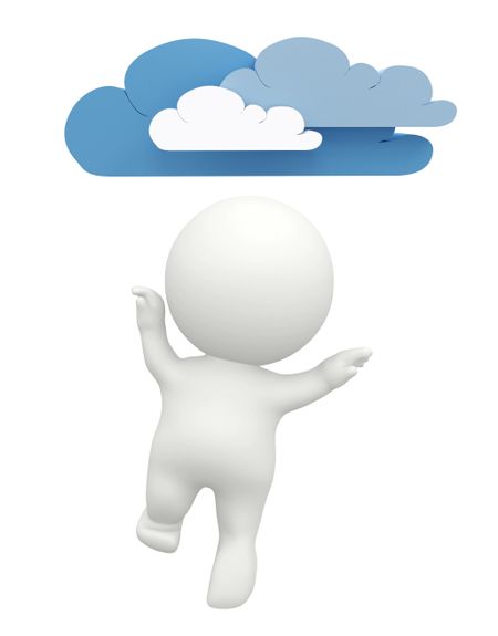 Happy 3D man figure with clouds isolated over a white background