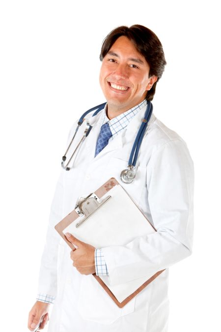 Male doctor looking happy isolated on white