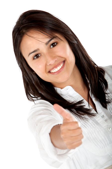 Happy woman with thumbs up isolated over a white background