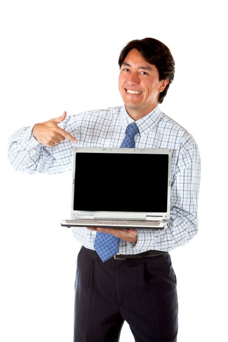 Business man displaying a laptop - isolated over white