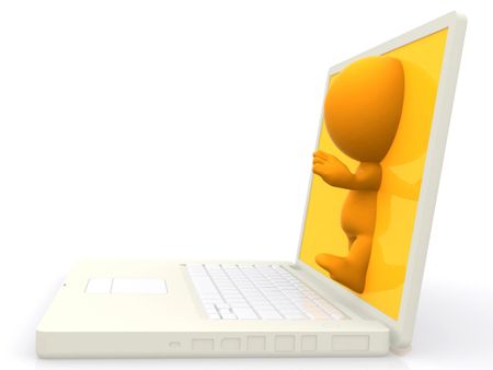 3d person stepping out of a laptop screen - isolated over white