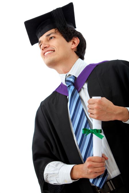 Pensive graduation man isolated over a white background