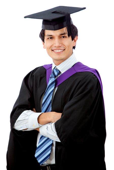 male graduation portrait smiling isolated over a white background