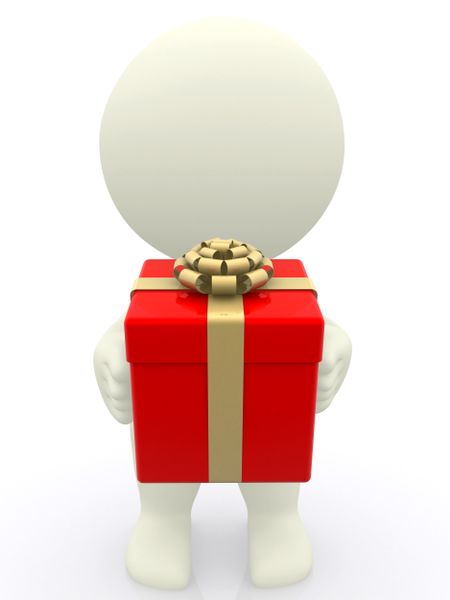 3D man with holding a gift box isolated over white