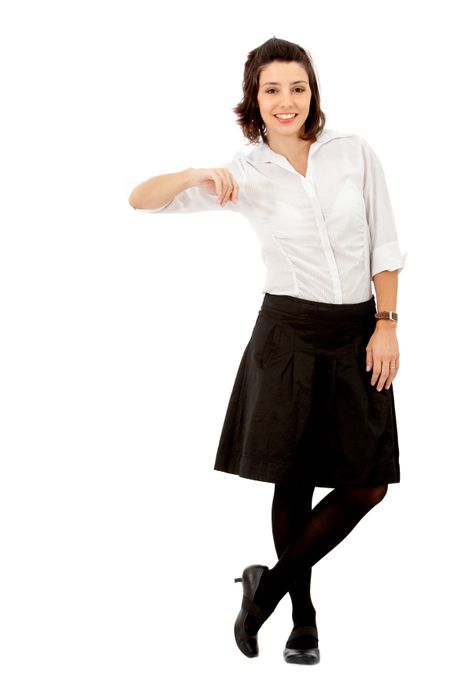 Business woman with hand on something imaginary - isolated over a white background