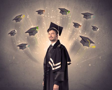 College graduate with many flying hats on grunge background