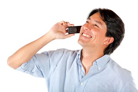 casual man talking on the phone - isolated over a white background