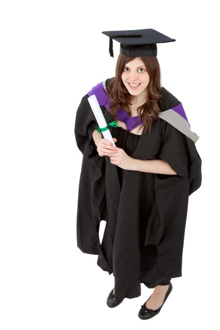 female graduation portrait smiling and holding her diploma - top view