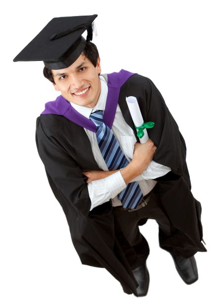 male graduation portrait smiling and showing his diploma - top view