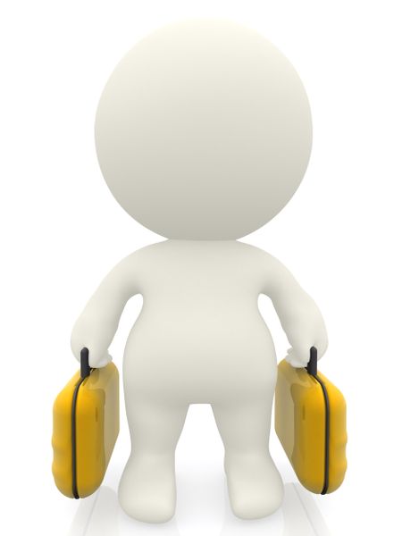 3D man carrying yellow bags isolated over a white background