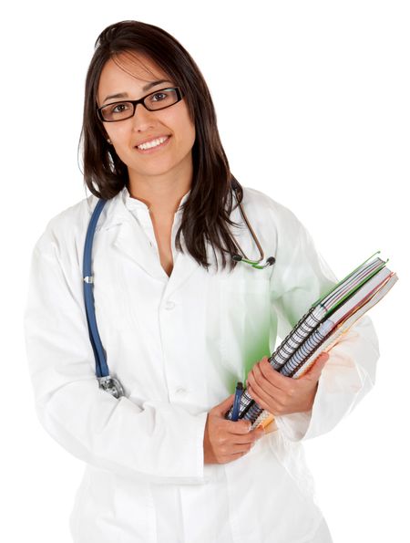 friendly female doctor smiling with notebooks isolated over a white background