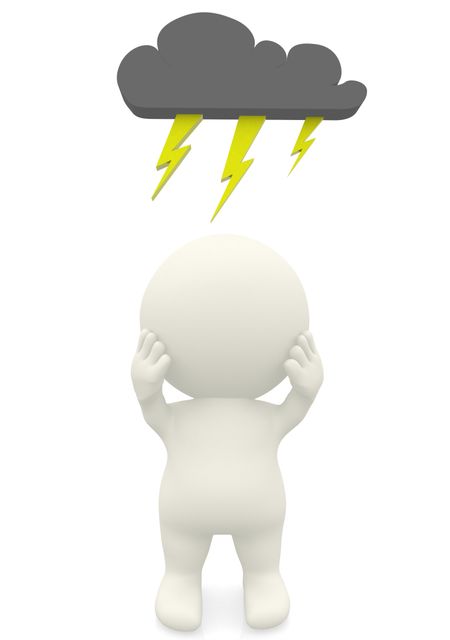 3D man having a bad day under a dark cloud isolated over a white background