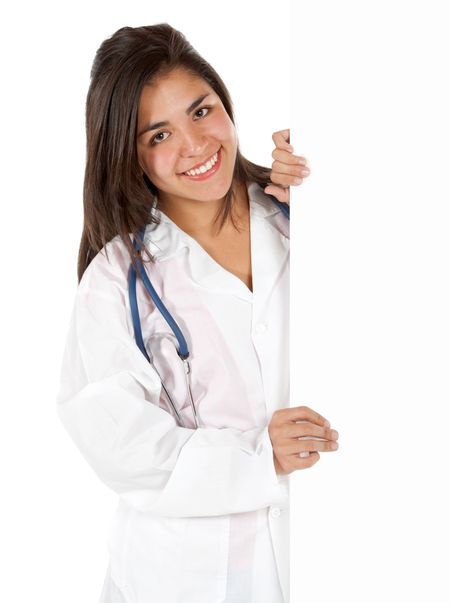 Friendly female doctor displaying a banner ad isolated over a white background