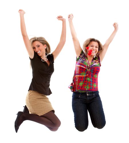 Excited women jumping isolated over a white background