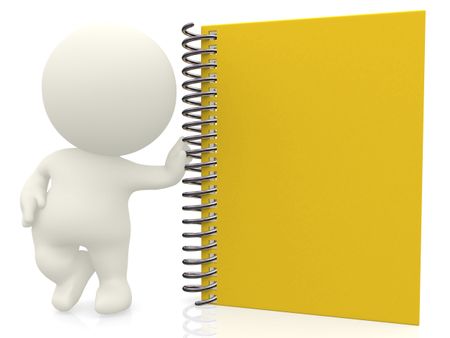 3D person leaning on a notebook isolated over white