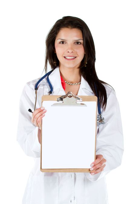 Female doctor with a clipboard isolated over a white background