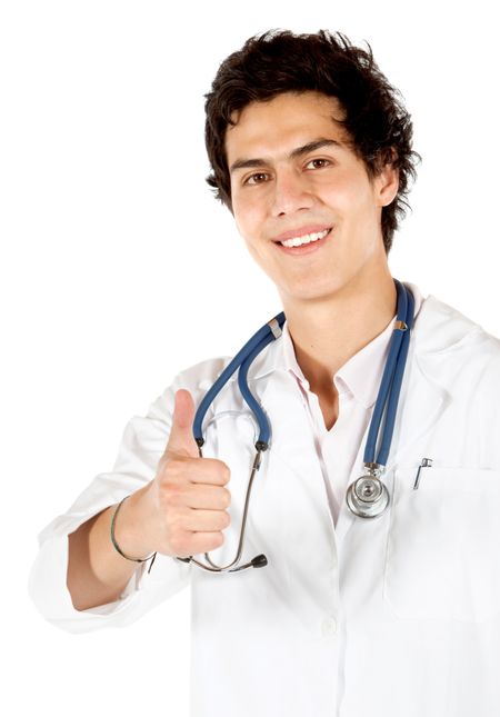 Young male doctor witht thumbs up isolated over a white background