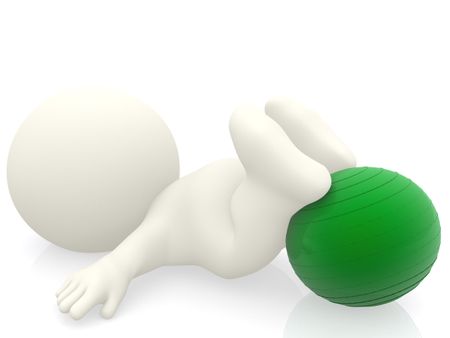 3D person practicing pilates with a ball isolated over white