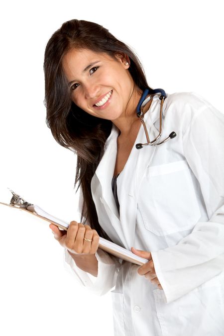 Beautiful female doctor smiling isolated on white