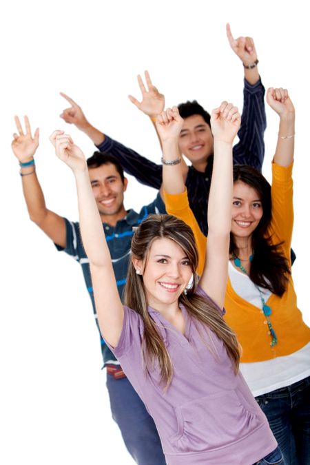 Happy group of friends with arms up isolated over a white background