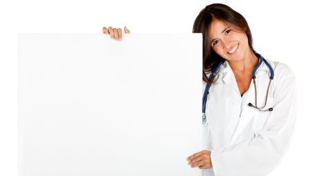 Female doctor holding a banner - isolated over white