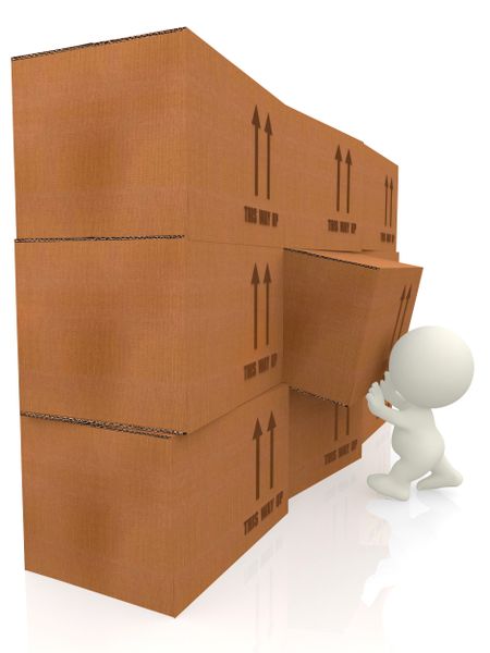 3d person piling up boxes - isolated over a white background