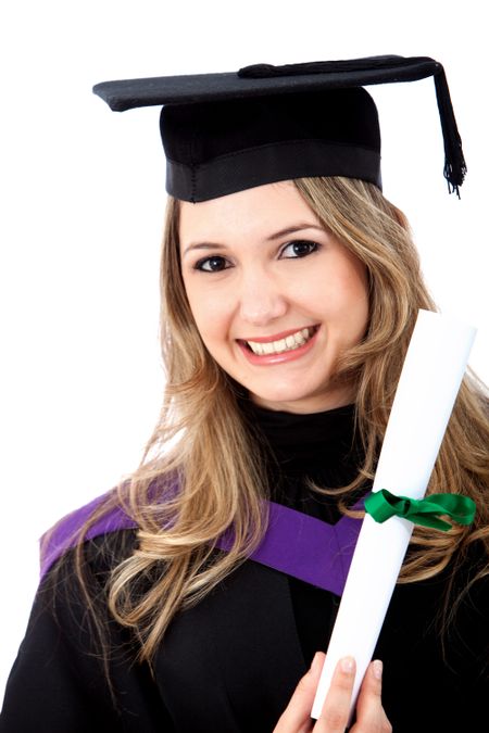 Female graduate holding her diploma and smiling isolated over a white background