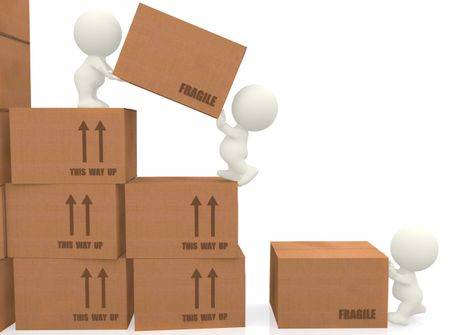 3d people piling up boxes isolated over a white background