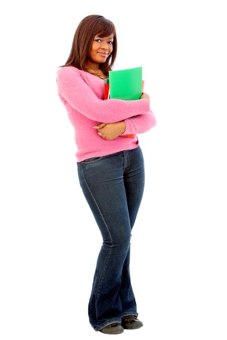Female student holding notebooks isolated over a white background