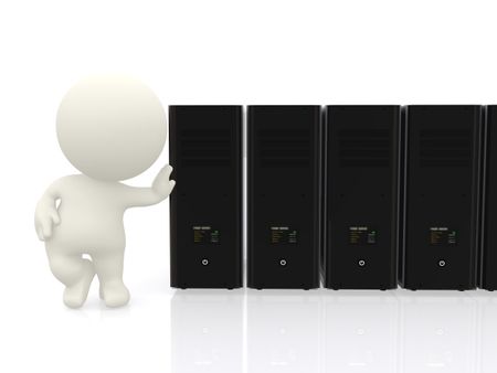 3D man with hand on power servers in line isolated over a white background