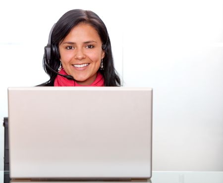 female customer support operator with a laptop - isolated