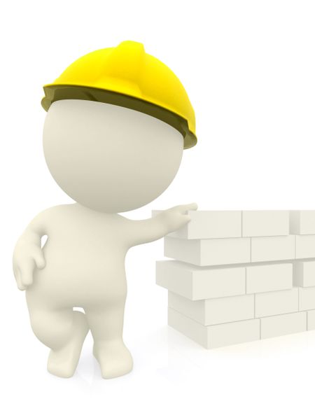 3D construction worker leaning on a brick wall - isolated