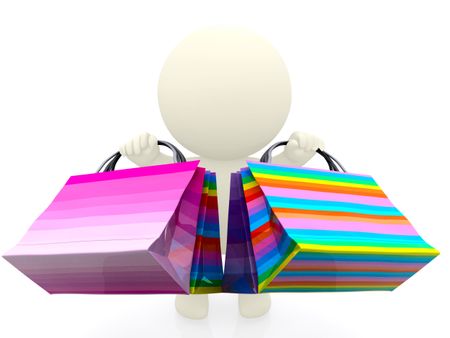 3D shopping person holding bags - isolated over a white background