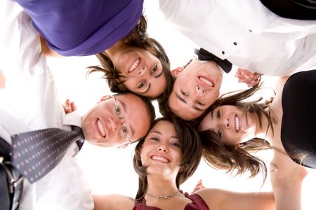 cheerful friends smiling and laughing together over a white background