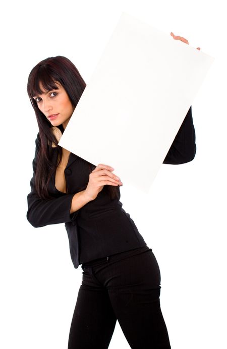 beautiful girl holding an add board over a white background