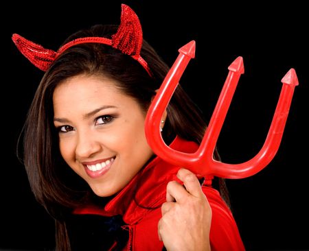 beautiful female devil in red over a dark background