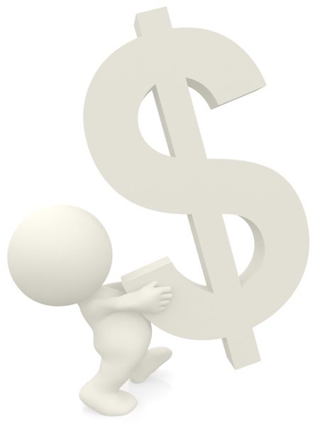 3D person carrying a dollar sign isolated over a white background