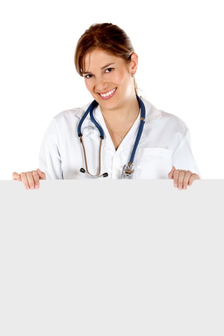 Female doctor holding a banner isolated over a white background