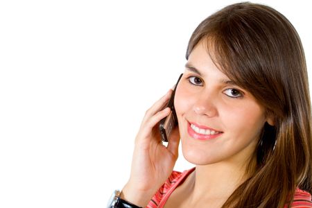 Woman portrait talking on the phone isolated over a white background
