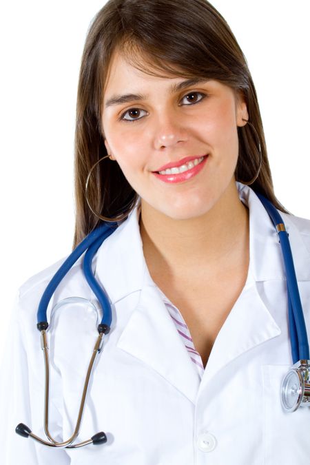 Young female doctor smiling isolated over a white background